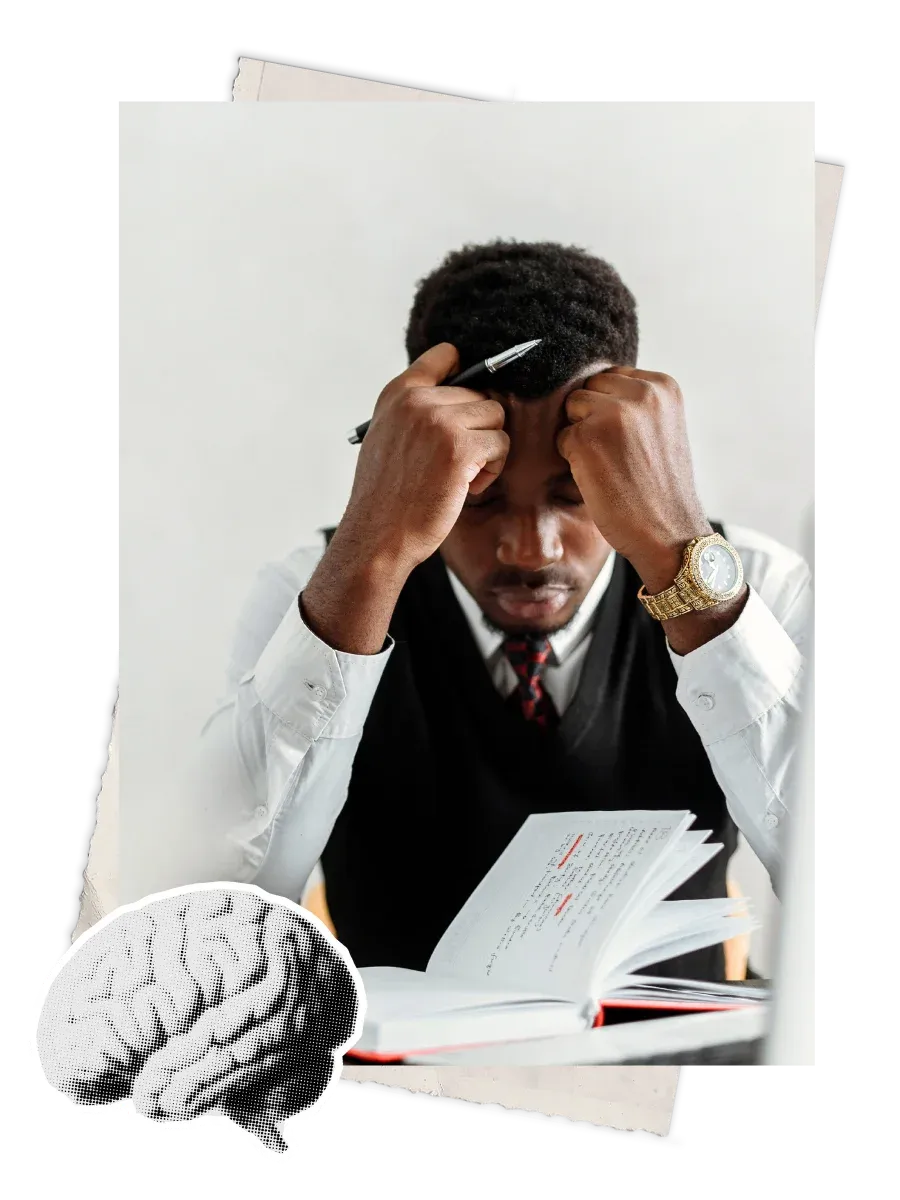 Exhausted Black male lawyer experiencing self-doubt and imposter syndrome at work