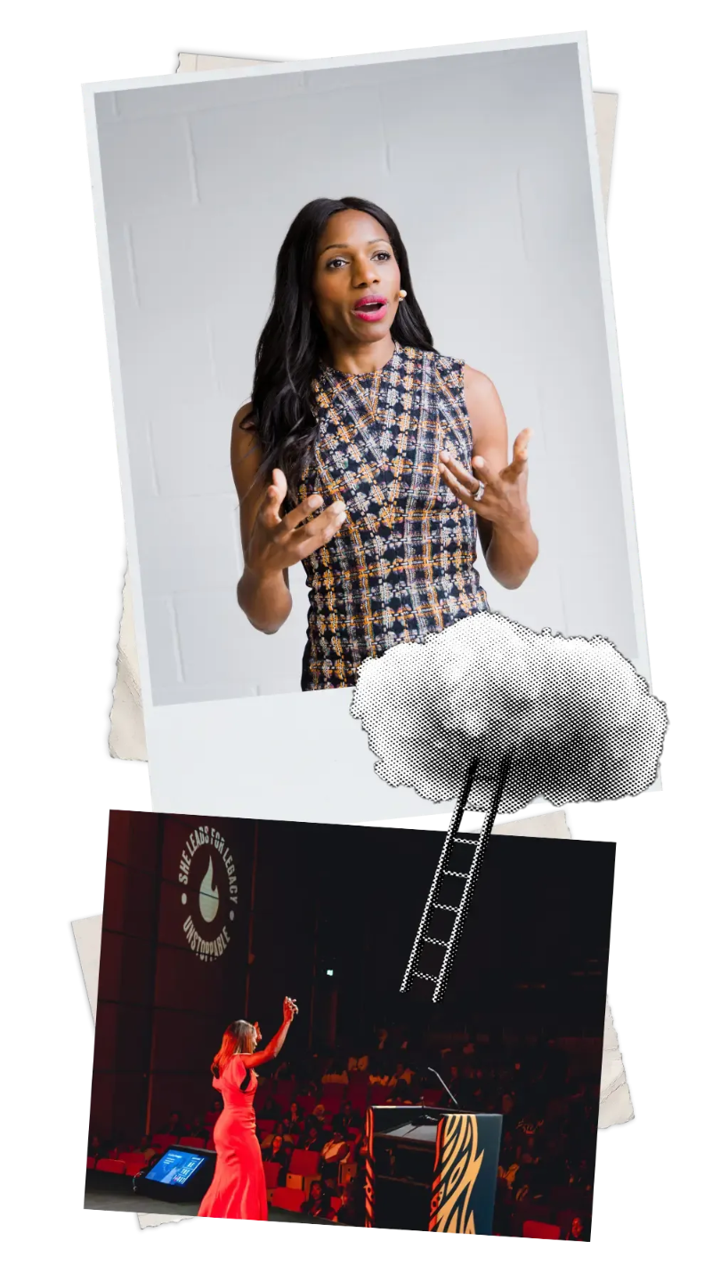 Caroline Flanagan speaking on stage about imposter syndrome and confidence for Black lawyers