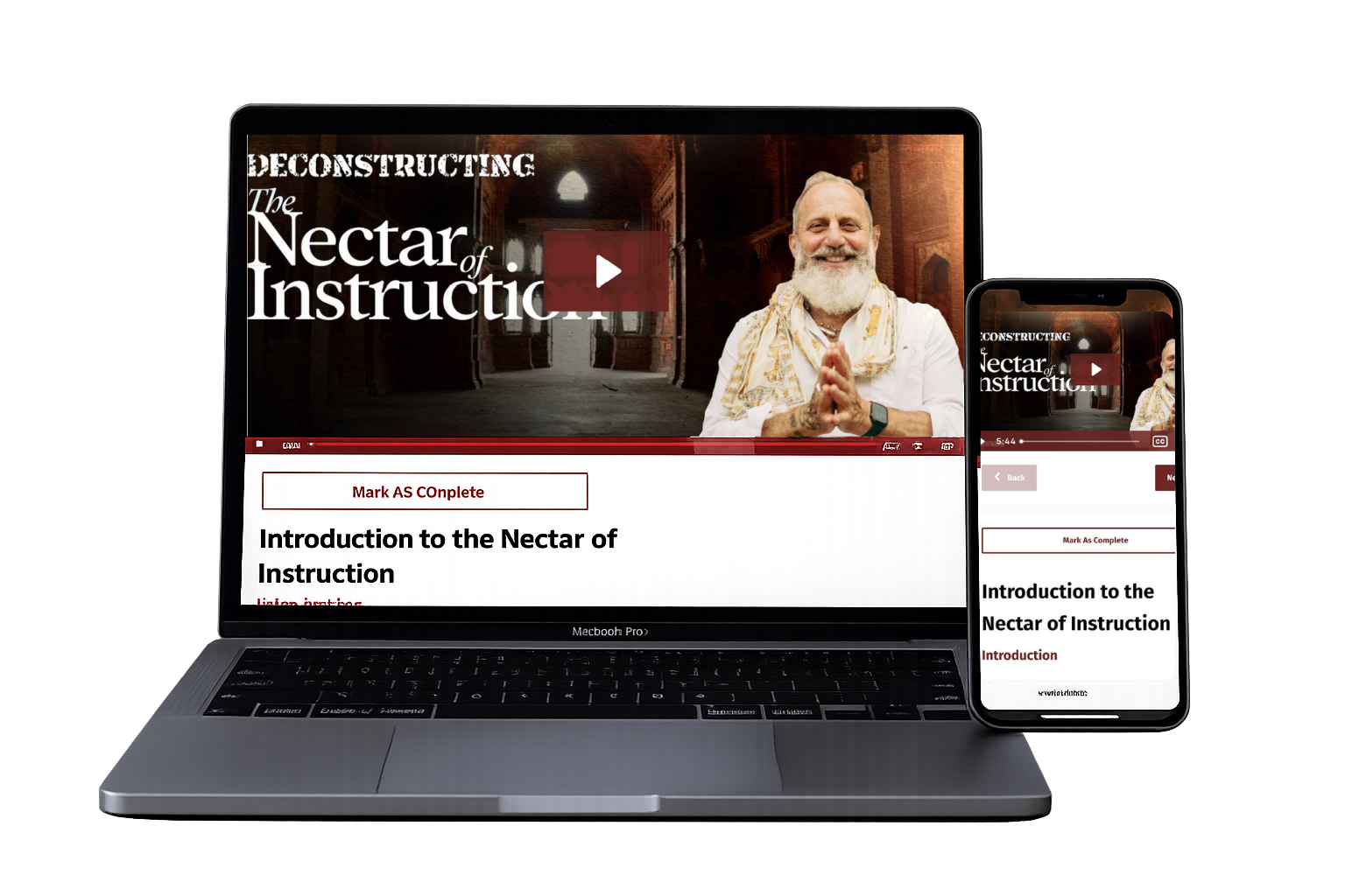 Laptop and smartphone mockup displaying the “Deconstructing the Nectar of Instruction” online course, featuring a video lesson with Raghunath Cappo and a responsive learning interface optimized for desktop and mobile viewing.