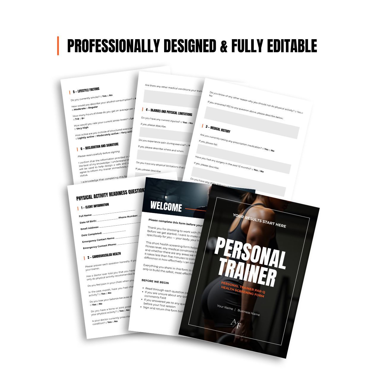 Flat lay of the 6 pages of the Personal Trainer Par Q Form
