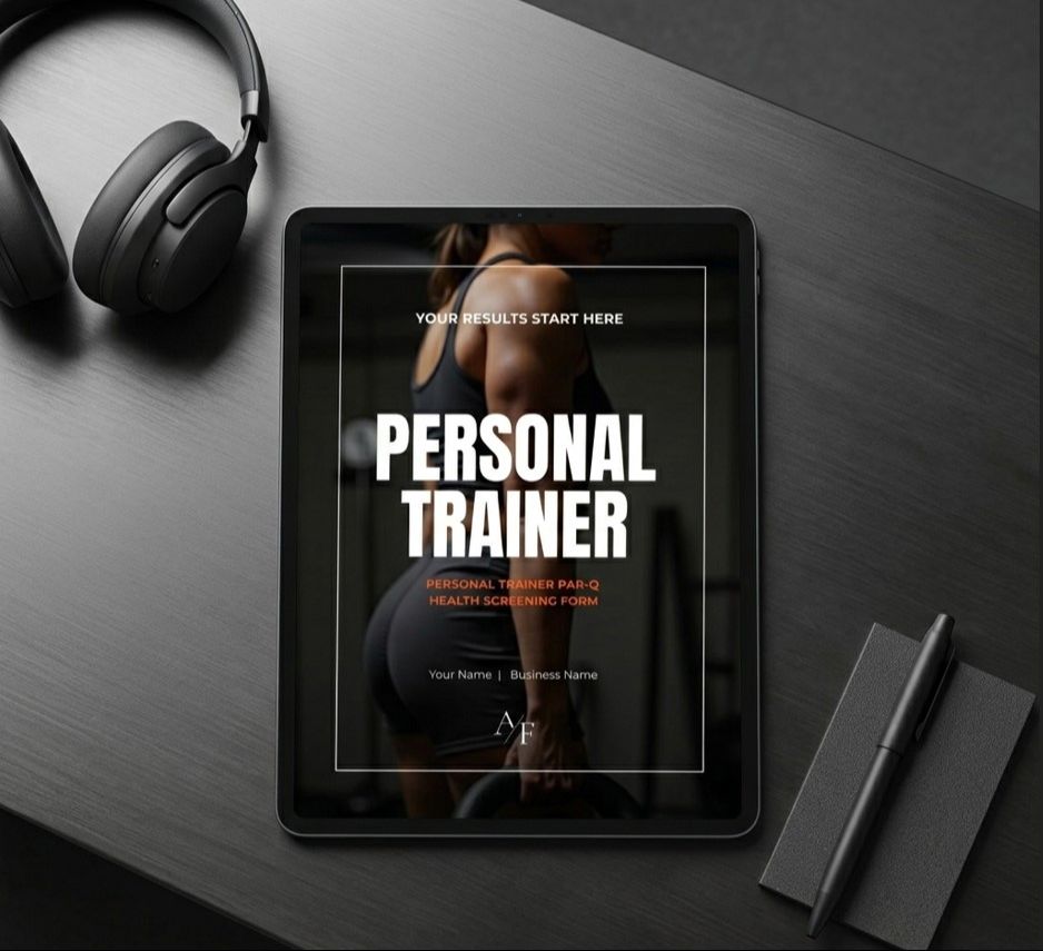 Personal Trainer PAR-Q Health Screening Form Cover - Canva Template on iPad Dark Desk Mockup