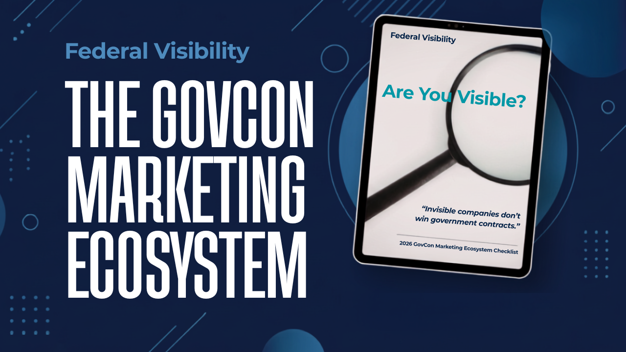 The Total GovCon Marketing Ecosystem - five connected digital assets for small business government contractor visibility: Capability Statement, Website, Government Profiles, LinkedIn Company Page, and LinkedIn Personal Profile