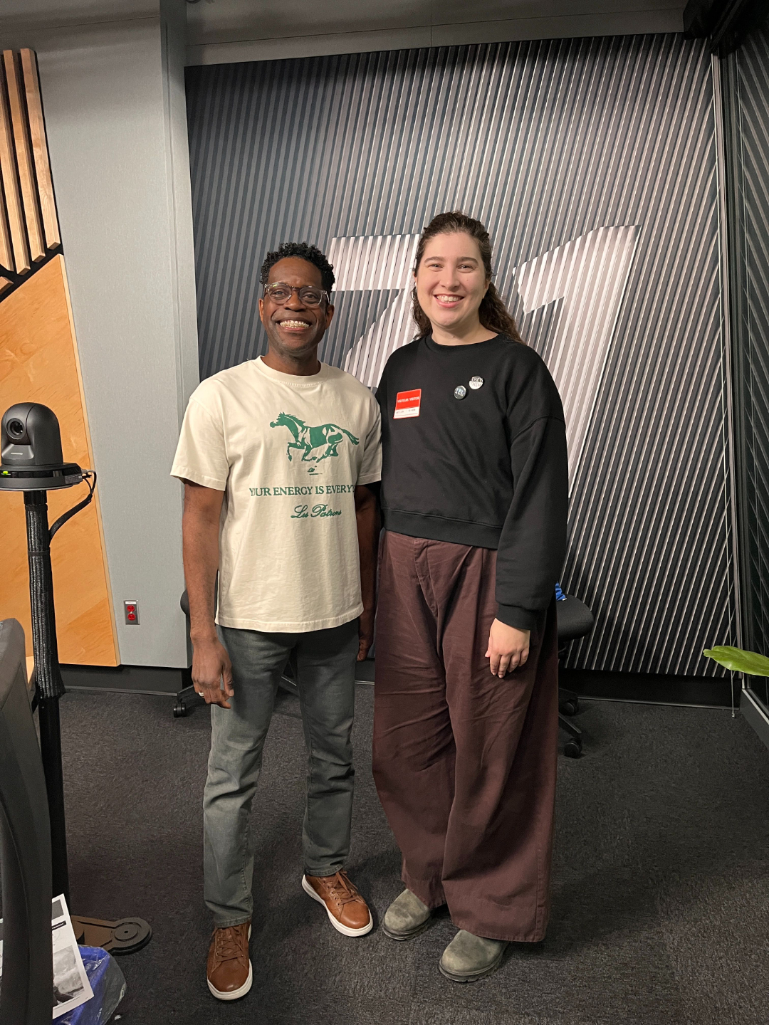Ren&eacute;e Yoxon and CBC Daybreak host Sean Henry smiling together in the CBC Montreal radio studio