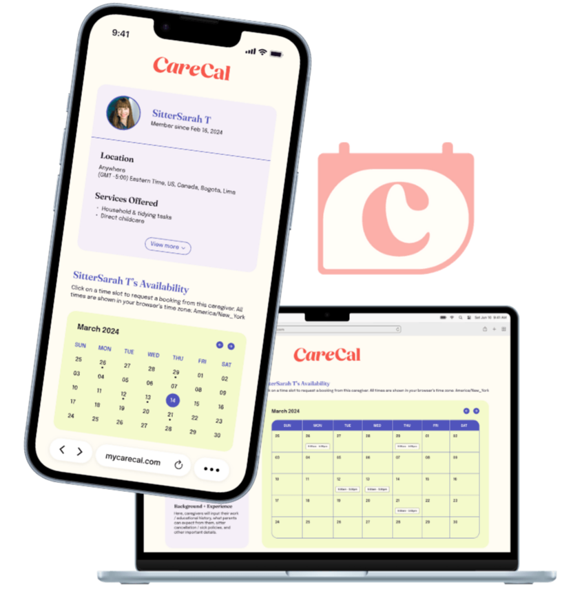 The CareCal app interface shown on a phone and laptop.