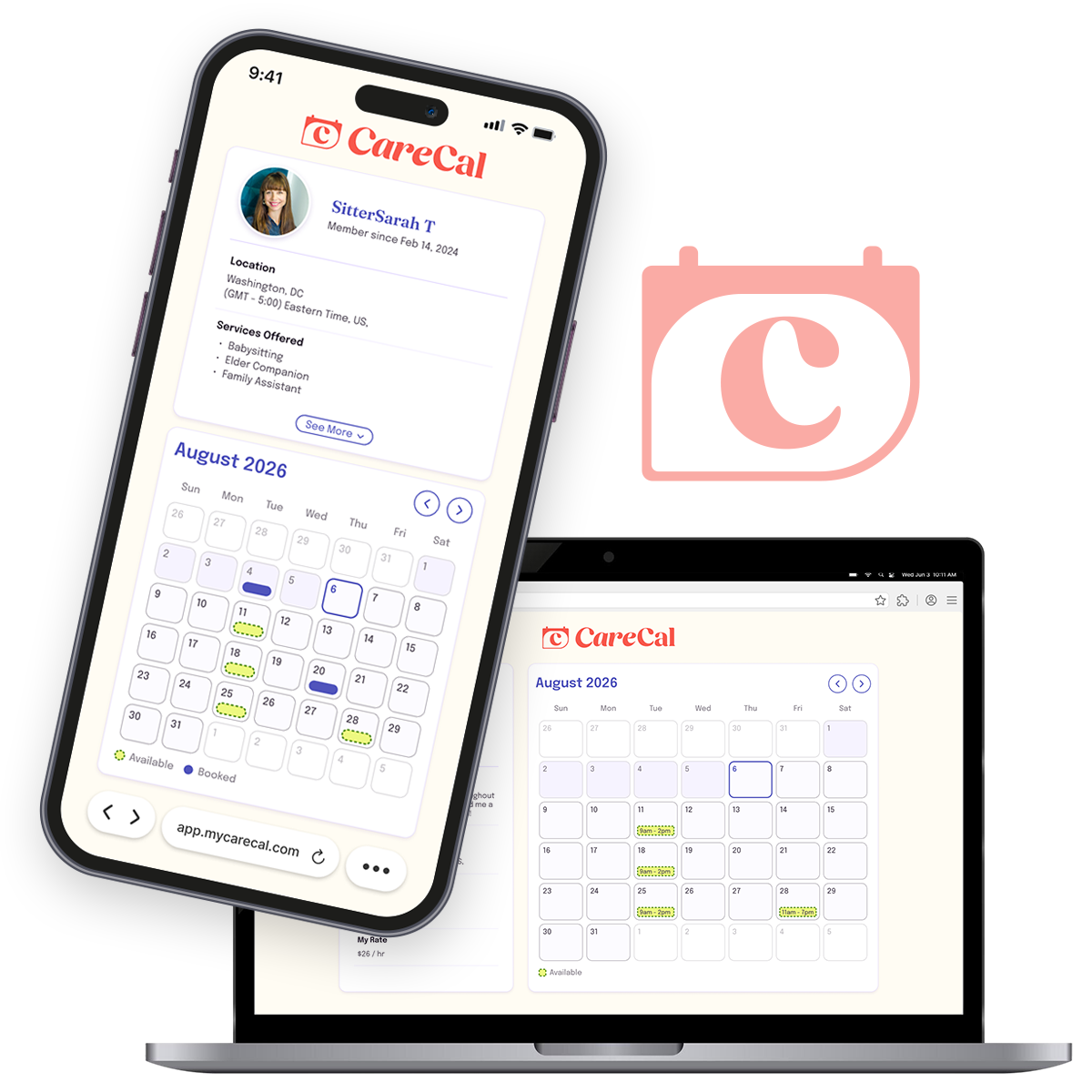 The CareCal app interface shown on a phone and laptop.