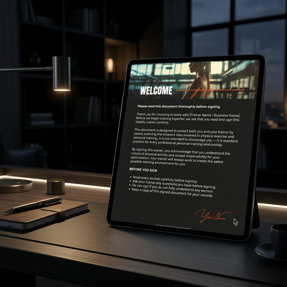 Personal Trainer Liability Waiver - Canva Template on iPad Dark Desk Mockup