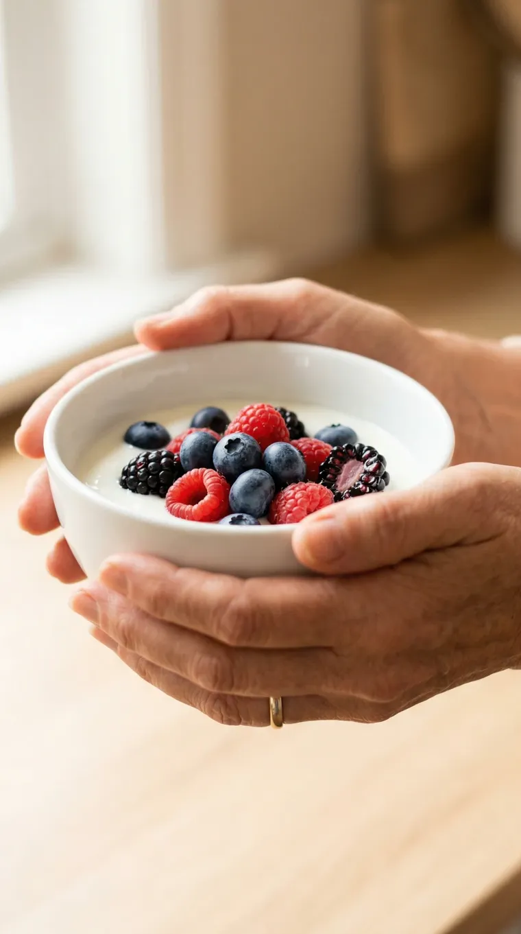 A pair of warm hands cradle a white ceramic bowl of Greek yogurt topped with berries and a drizzle of honey, soft natural light coming from a nearby window. The image evokes nourishment and quiet self-care, reinforcing the message that meeting your protein  needs for women over 50 can feel gentle and satisfying, not restrictive.
