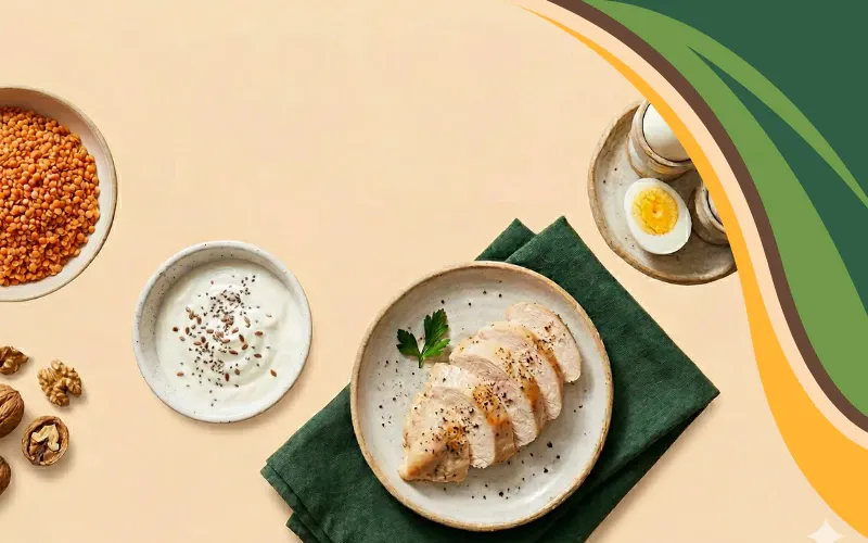 A top-down flat lay of colorful whole protein-rich foods arranged on a warm cream surface including eggs, cooked chicken, Greek yogurt, lentils, and nuts. Natural side lighting, brand colors in props. A clean, editorial feel that illustrates protein for women   over 50 through real, recognizable food choices.