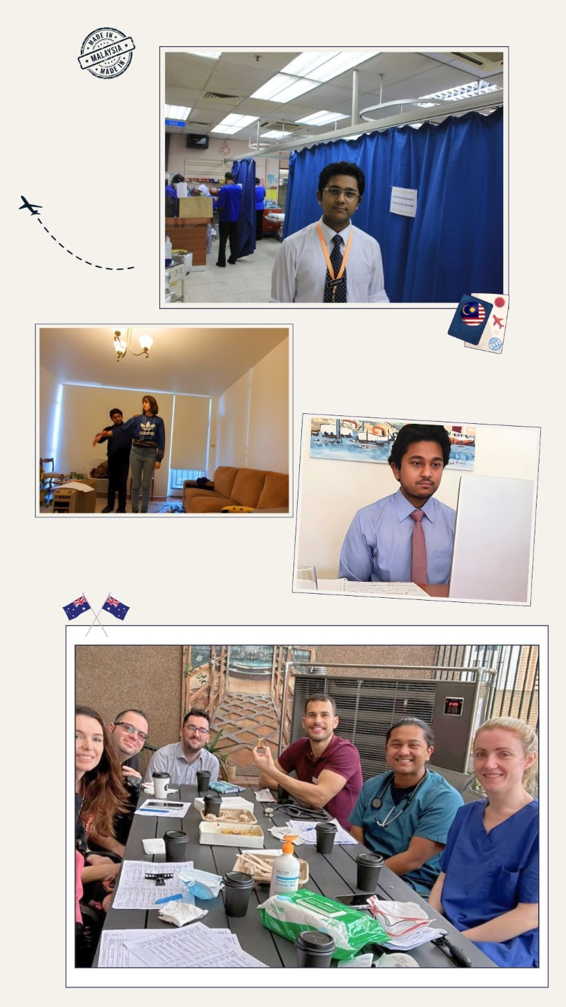 Collage showing the DockRoach founder’s journey from hospital training in Malaysia to AMC Clinical exam preparation in Australia, including role-play practice, study, and medical team collaboration.