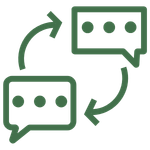 Networking icon showing speakers and arrows, representing reciprocal peer communication and professional exchange for Vermont mental health clinicians.