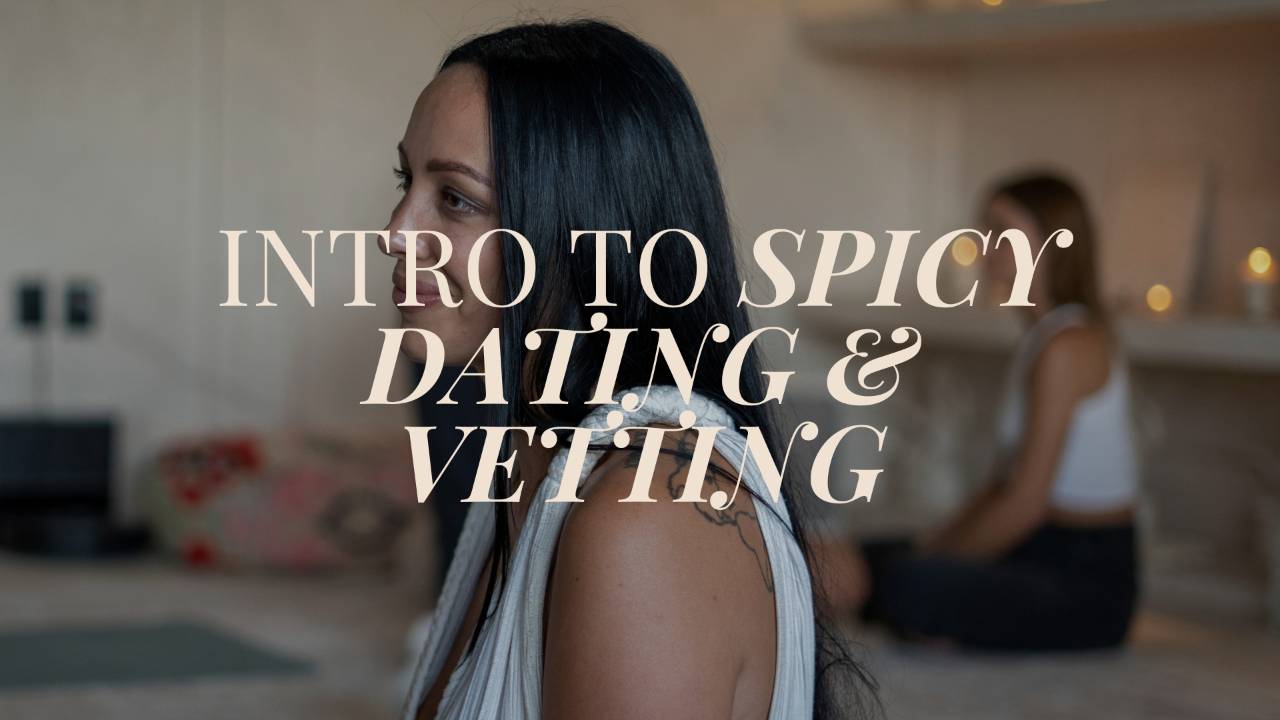 Image of julieta looking to distance with words "intro to spicy dating and vetting" ontop