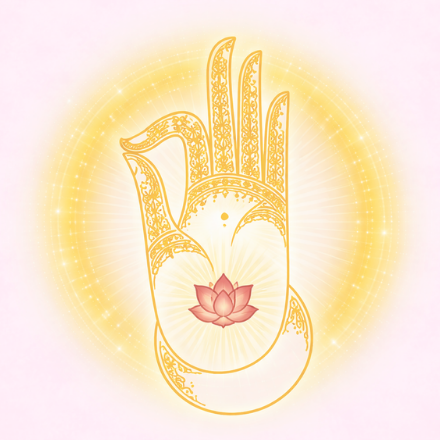 Glow gold mudra hand with pink lotus and text: Vedic Psychology Study Group Awakening Through Awareness.