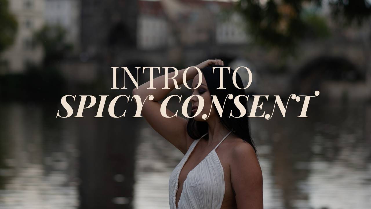 Julieta Chiara profile view wearing white dress with words "intro to spicy consent" overlaid