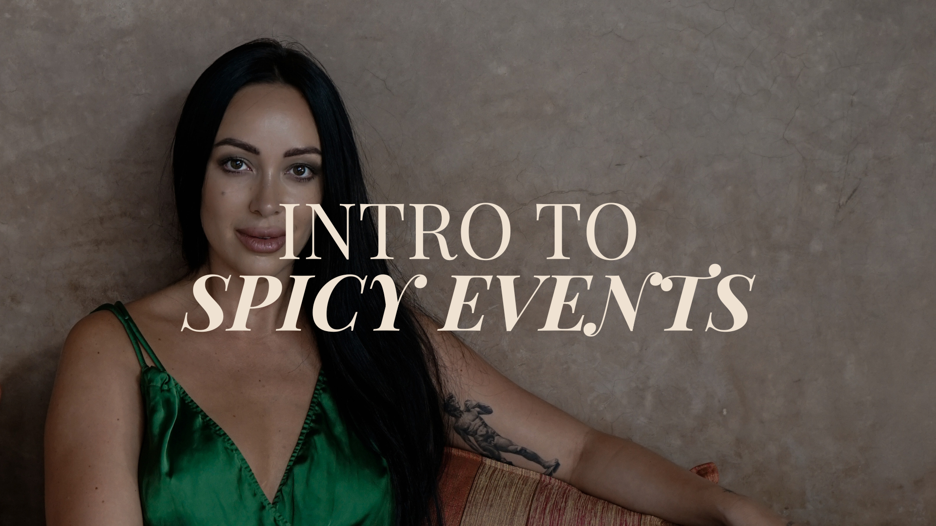 Julieta Chiara looking at camera wearing green satin top with words "intro to spicy events" ontop