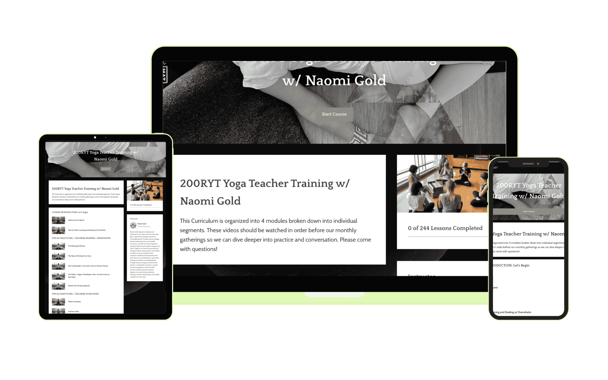 Course dashboard showing yoga teacher training modules and progress.