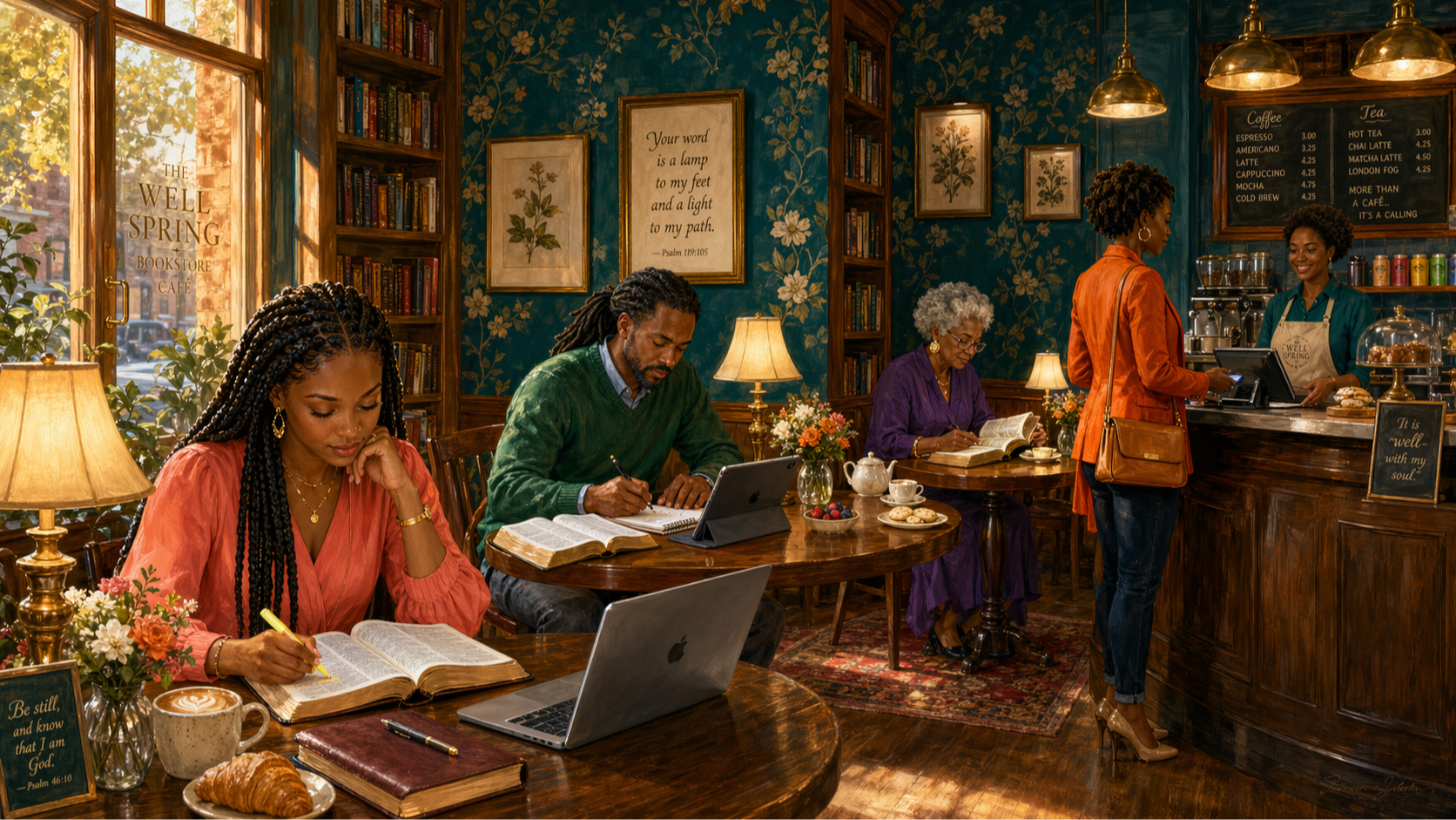 African American woman, man, and elder studying Bibles with laptops and iPads at The WellSpring Bookstore Café
