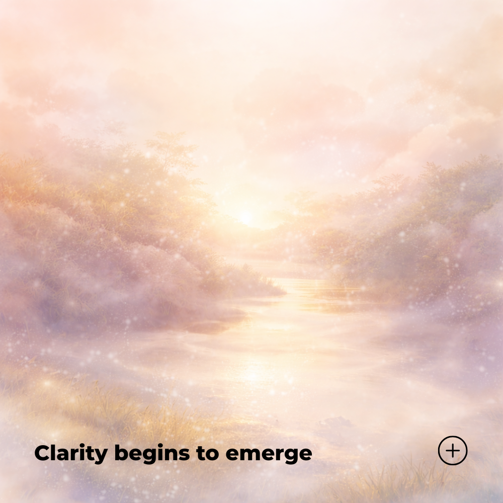 Soft landscape with light breaking through mist symbolising clarity beginning to emerge naturally