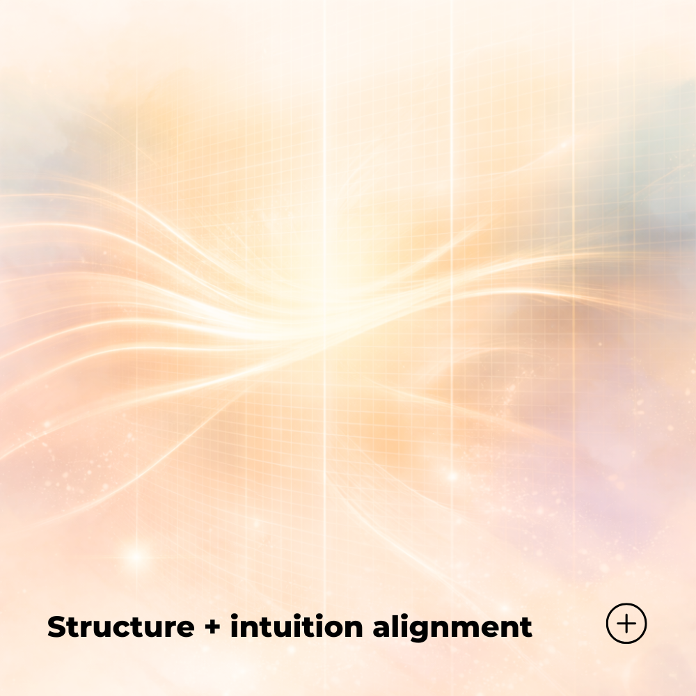 Flowing light and subtle grid representing the balance of structure and intuition coming into alignment