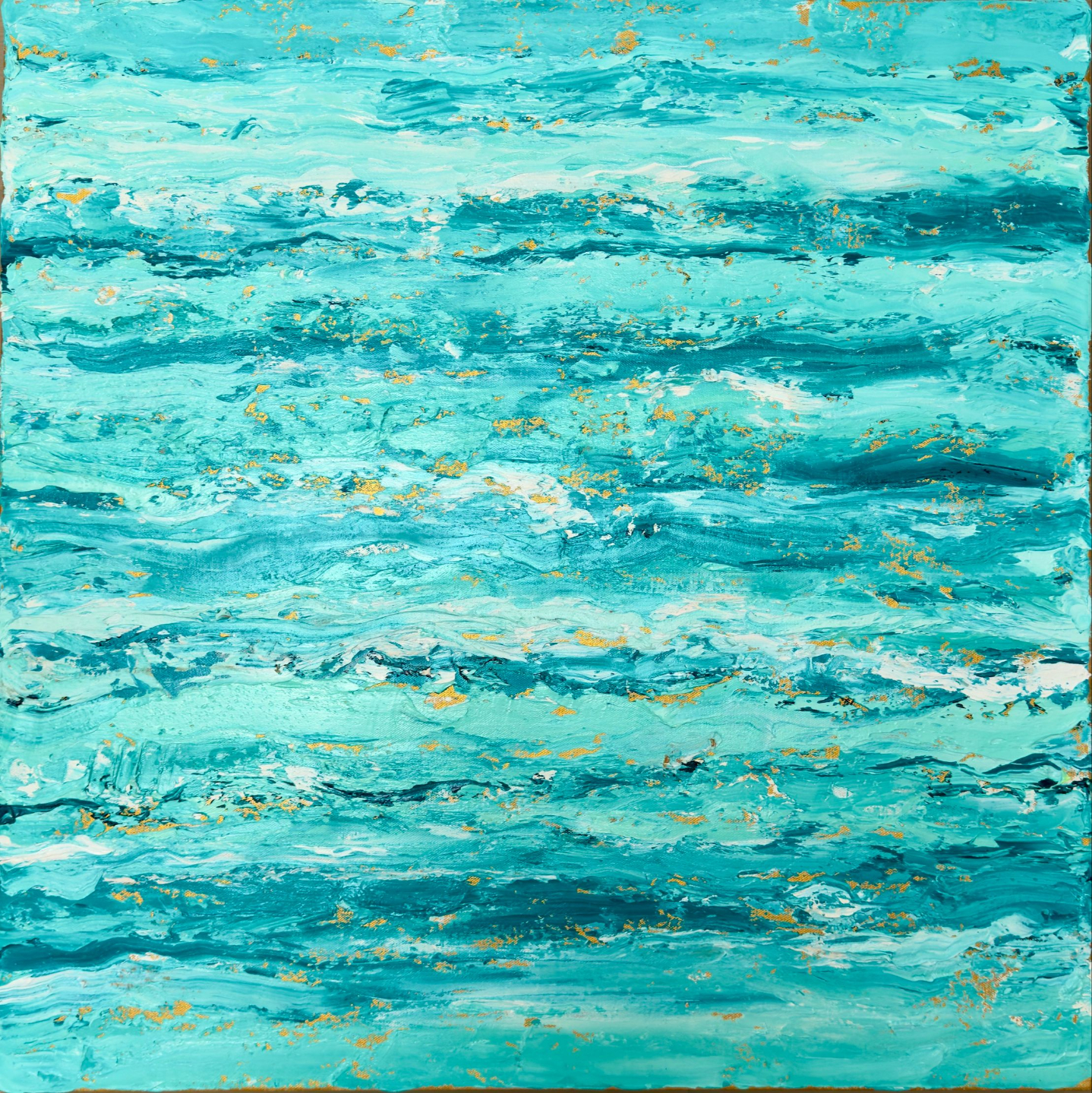 The Seas of Love - Light Energy Art abstract painting with turquoise, green turquoise with white and golden cream, showing flecks of metallic gold