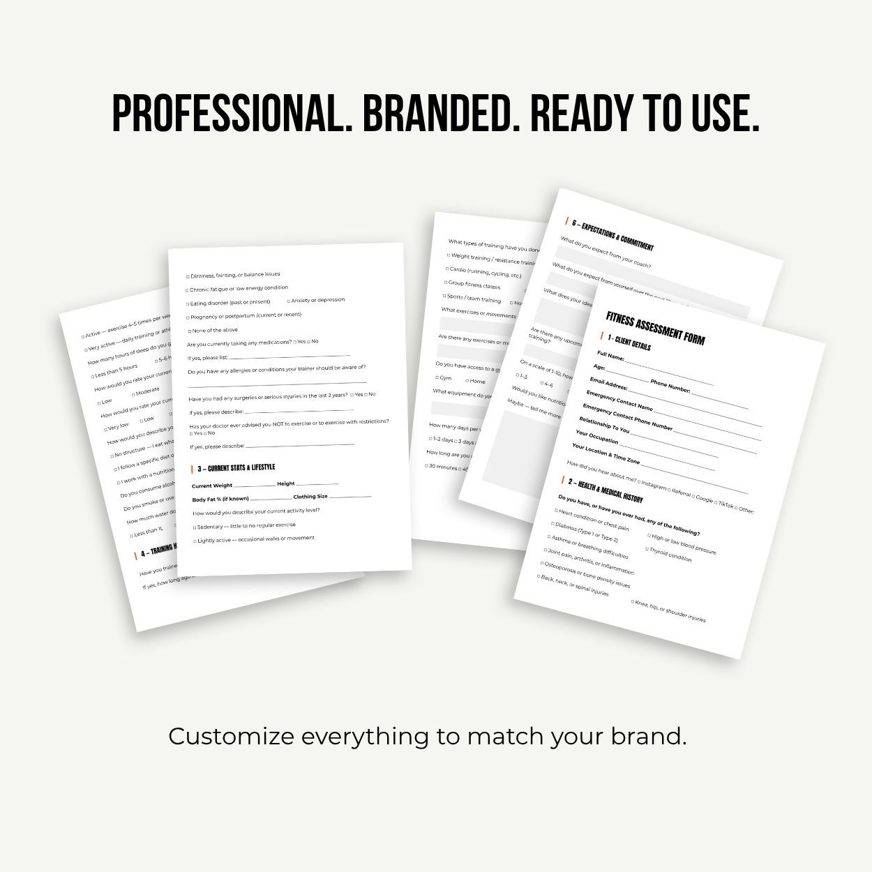 Personal trainer fitness assessment form pages laid out flat  showing editable Canva template design — client details, health  history, training sections, and commitment pages ready to brand