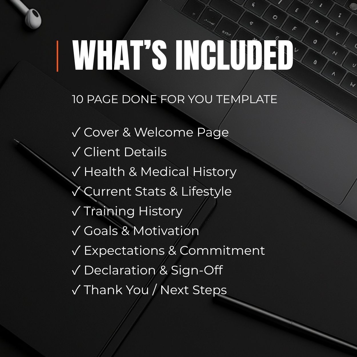 What's included in the personal trainer fitness assessment Canva  template — 10-page done-for-you client intake form covering health  history, goals, training background, and client commitment pages