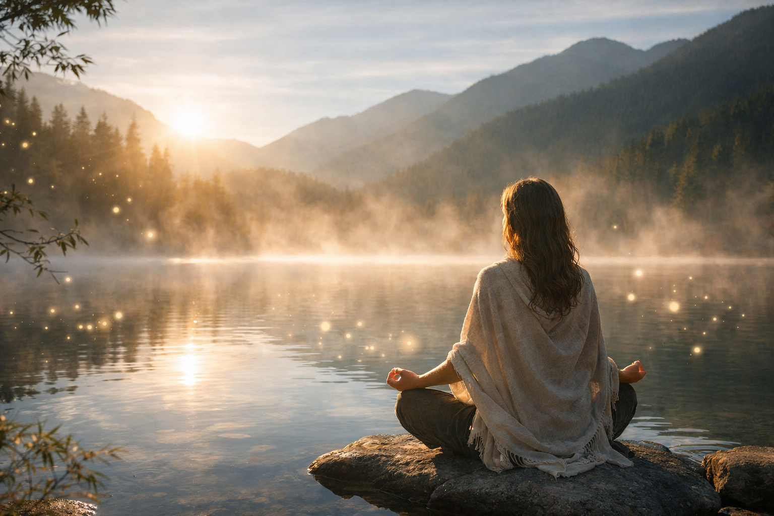 women meditating on rock in front of clear lack and mountains with gold energy sparkles all around her