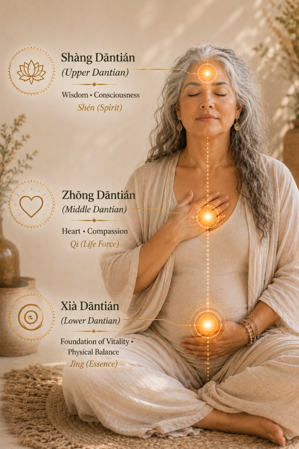 women meditating on rock in front of clear lack and mountains with gold energy sparkles all around her