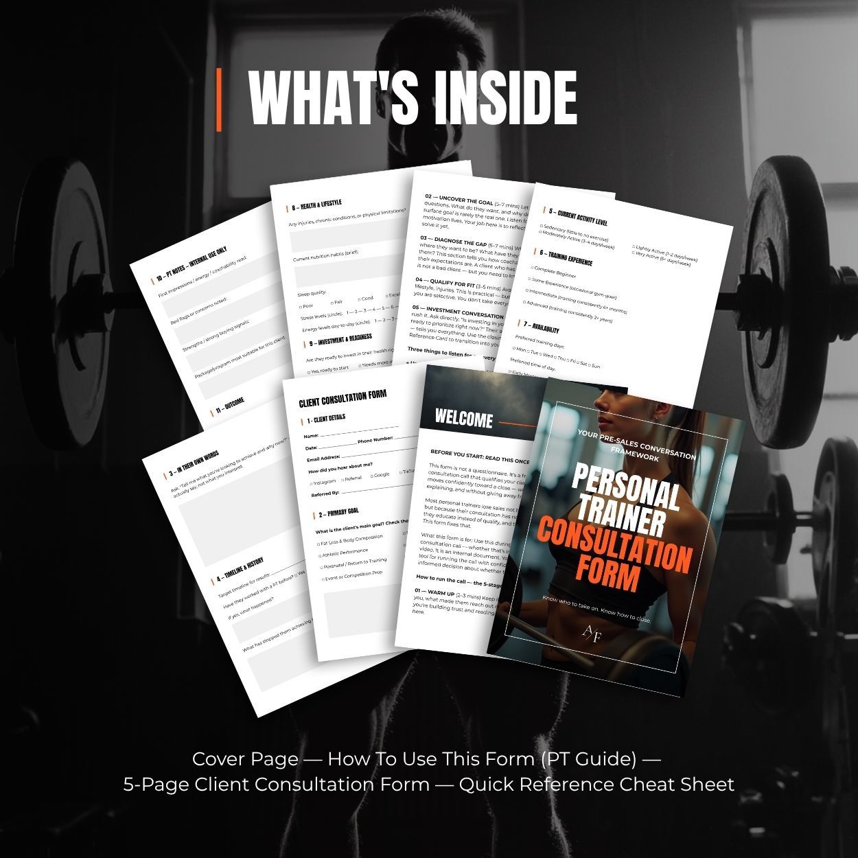 What's inside the personal trainer consultation form template showing all 11 pages including PT guide and cheat sheet
