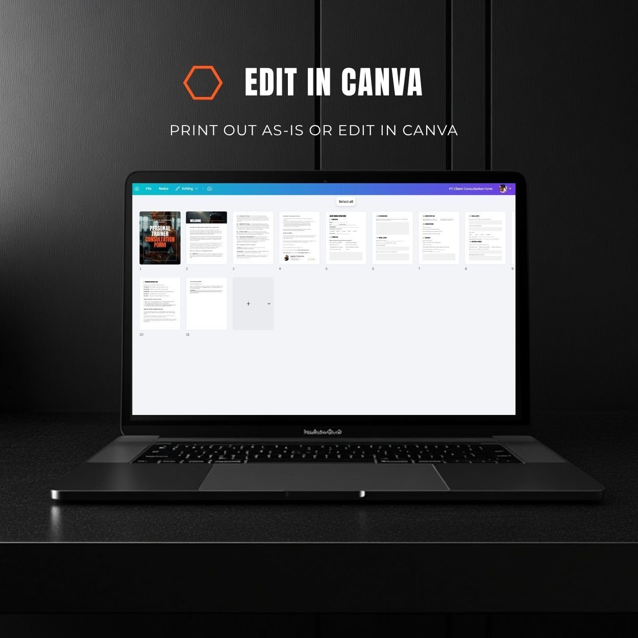 Personal trainer consultation form template open in Canva print out as-is or fully editable