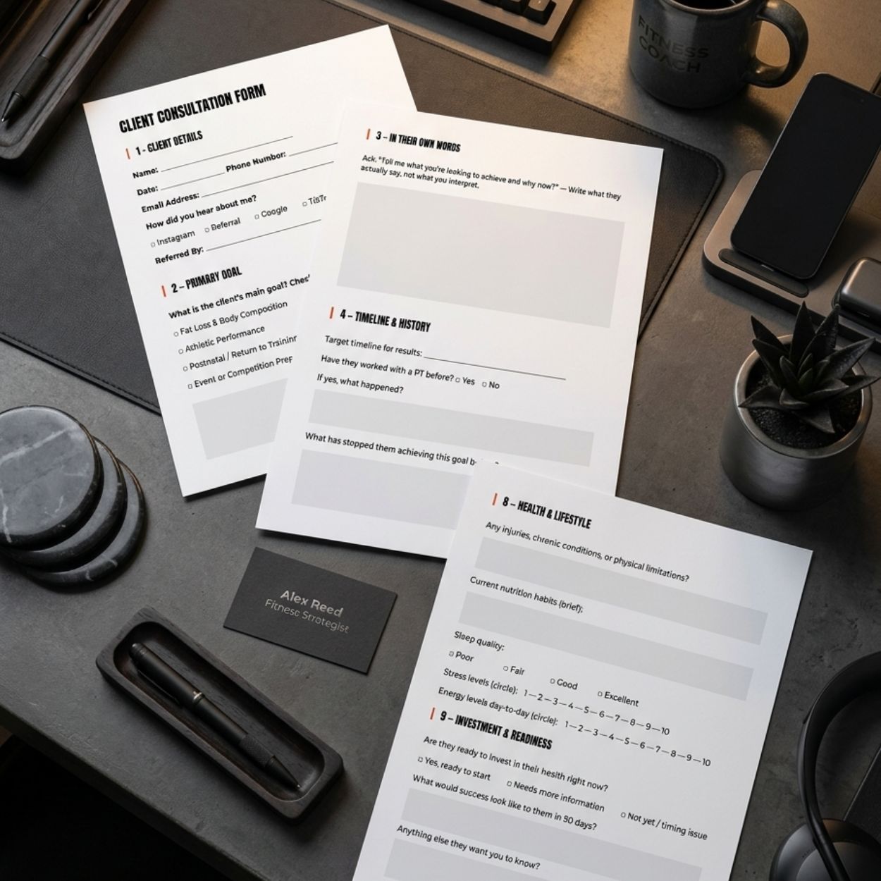 Personal trainer consultation form Canva template with pre-sales conversation framework, 11 pages instant download