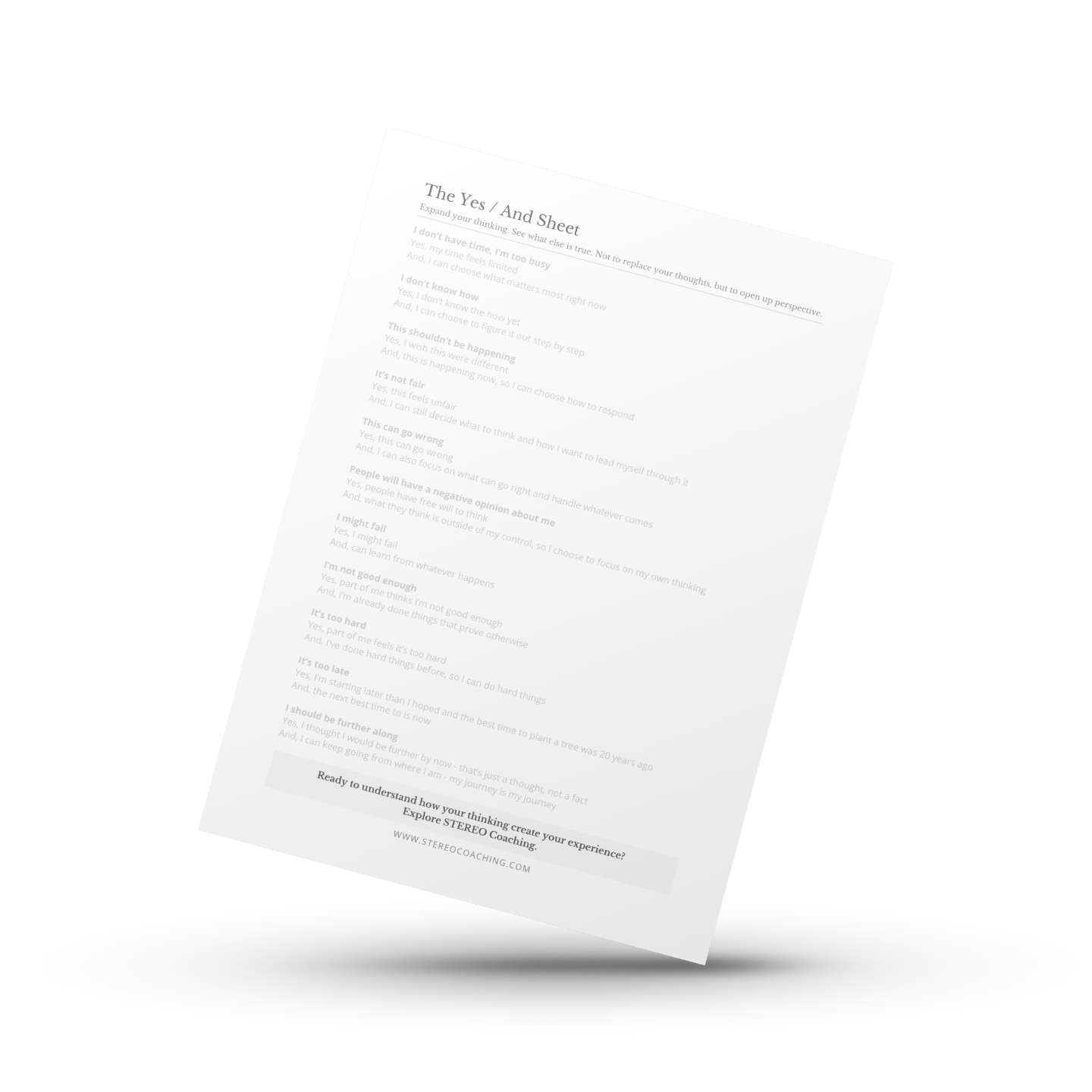 printable Yes And worksheet with common thoughts and alternative perspectives