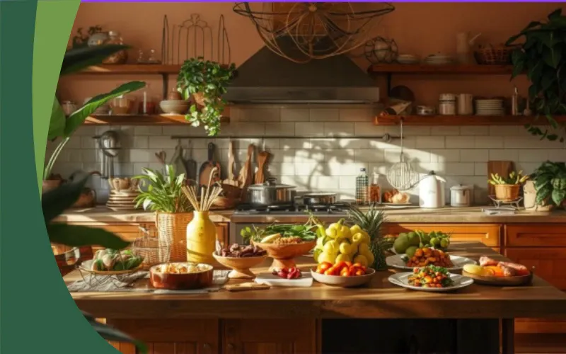 Sunlit, warmly lit kitchen with wooden cabinets, open shelves, hanging cookware, and many houseplants. A large island in the center is covered with fresh produce, bowls, plates of food, and cooking ingredients, creating a cozy, abundant home cooking scene.