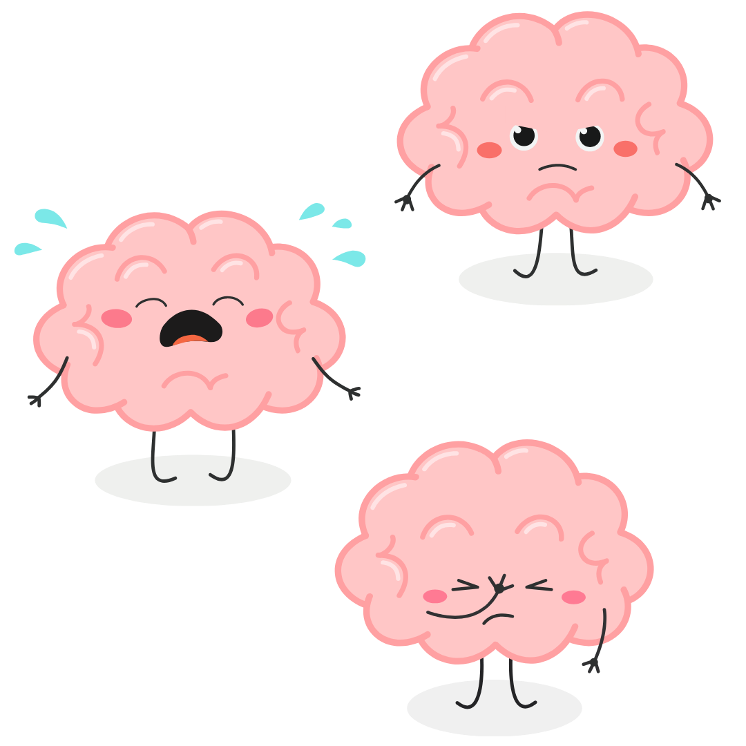 Illustration of brain characters showing different emotions like stress, frustration, and overwhelm