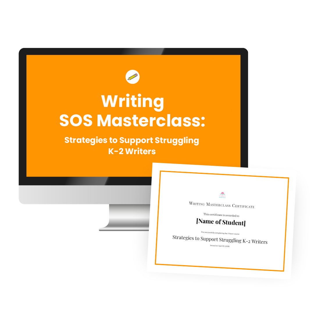A mockup of the Writing SOS Masterclass cover image on an iMac computer, and a sample of the PD certificate