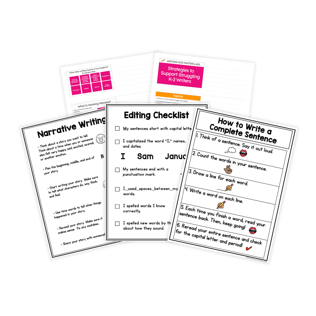 A sample of some of the slide printouts and course materials including posters for Narrative Writing, How to Create a Complete Sentence, and an Editing Checklist