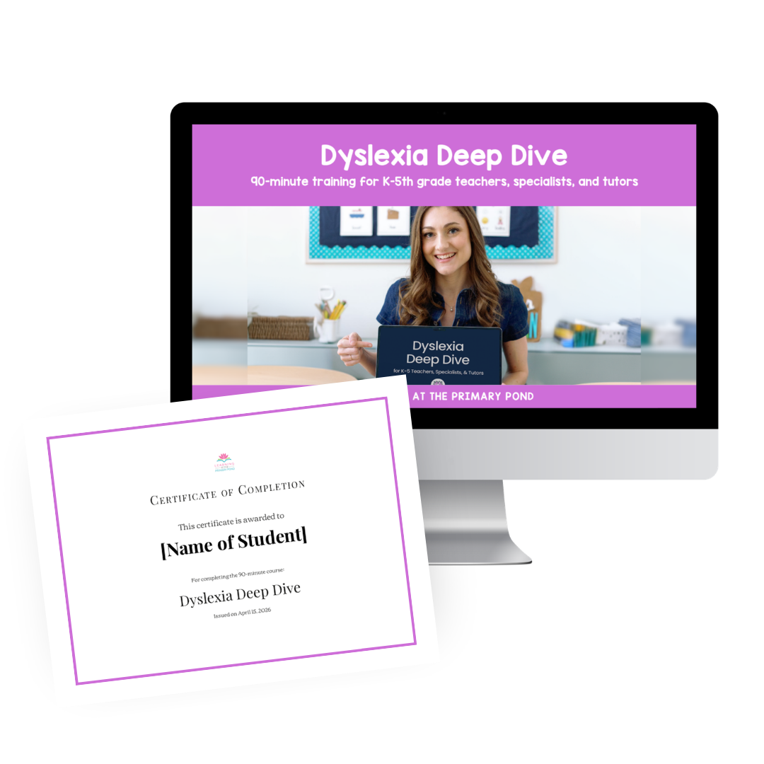 A mockup of the Dyslexia Deep Dive cover image on an iMac computer, and a sample of the PD certificate