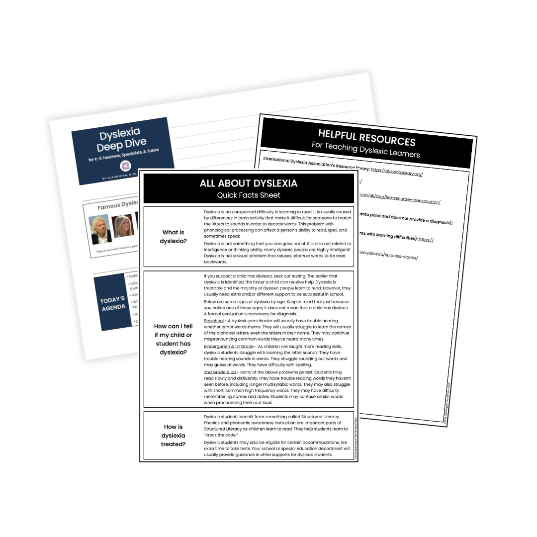 A sample of one of the slide printout pages, plus two of the Dyslexia resource pages.