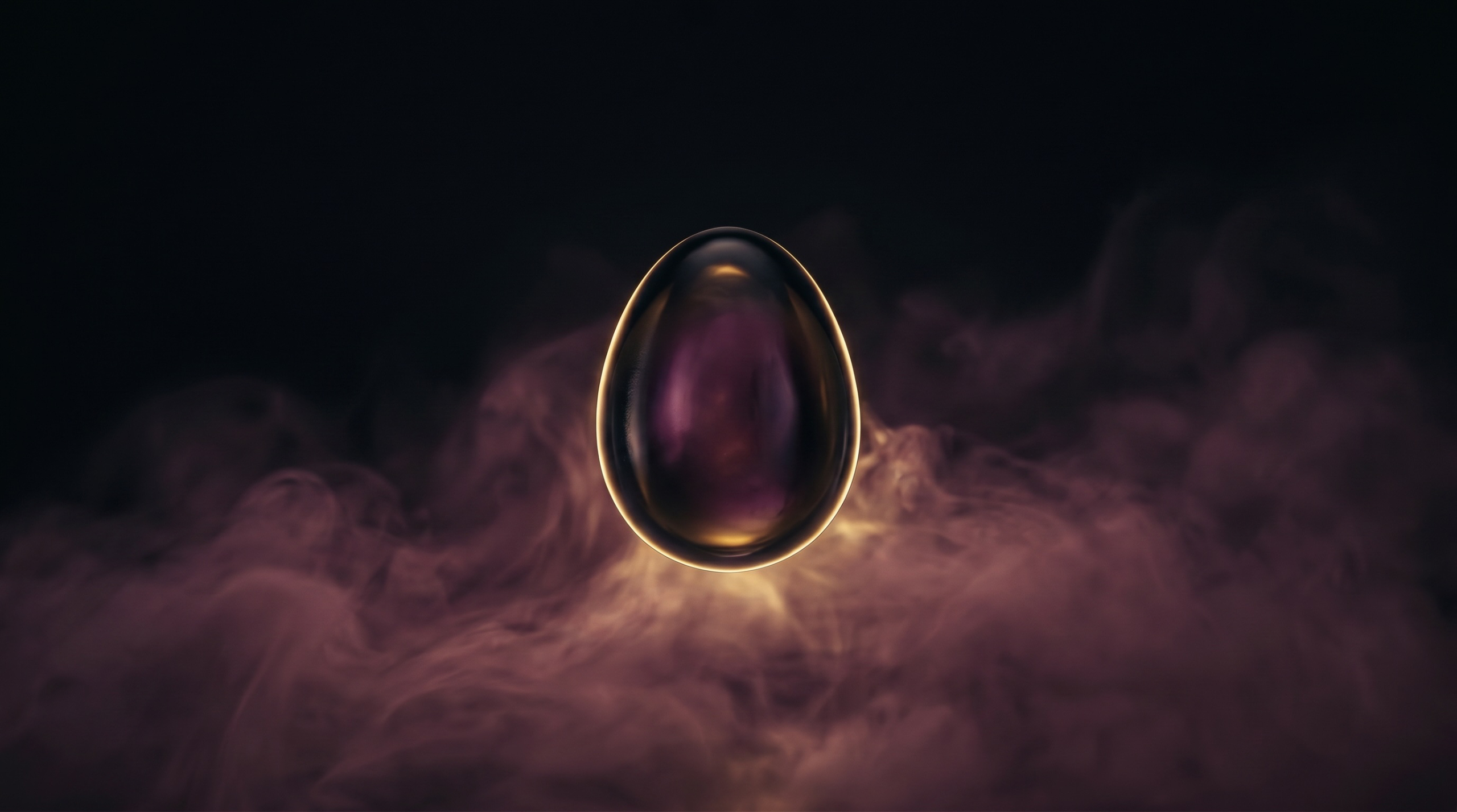 The Black Egg — a luminous obsidian egg radiating gold and mulberry light through layers of smoke