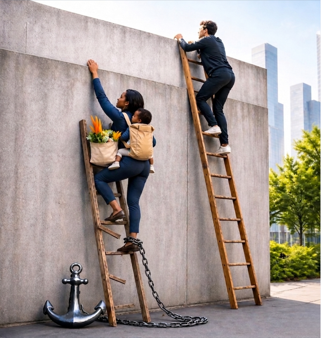 A Black woman climbing a shorter, broken ladder while carrying a child and groceries, anchored by a chain — beside a man climbing a taller intact ladder unencumbered. A visual metaphor for the broken career ladder and invisible load women carry.