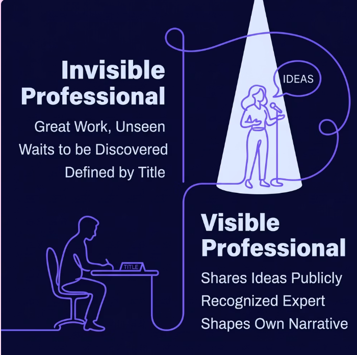 Infographic on a dark navy background contrasting two professional types. On the left, 'Invisible Professional' — great work, unseen; waits to be discovered; defined by title — illustrated by a person sitting alone at a desk. On the right, 'Visible Professional' — shares ideas publicly; recognized expert; shapes own narrative — illustrated by a person speaking under a spotlight with a speech bubble labeled 'Ideas.