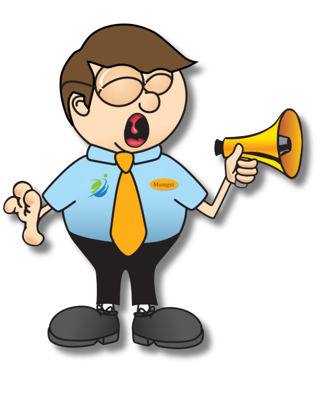 Cartoon restaurant manager in a blue shirt, orange tie, and name tag labeled "Manager," holding a covered serving tray in one hand and a folded white towel over the other arm, smiling and ready to serve up affordable, effective Restaurant Employee Safety Training savings.