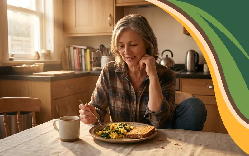 Woman with shoulder-length gray-blonde hair sits at a kitchen table, smiling down at a plate of eggs and greens with toast beside a mug. Warm morning light fills the room, and a decorative curved green, brown, cream, and gold graphic frames the right side of the image.