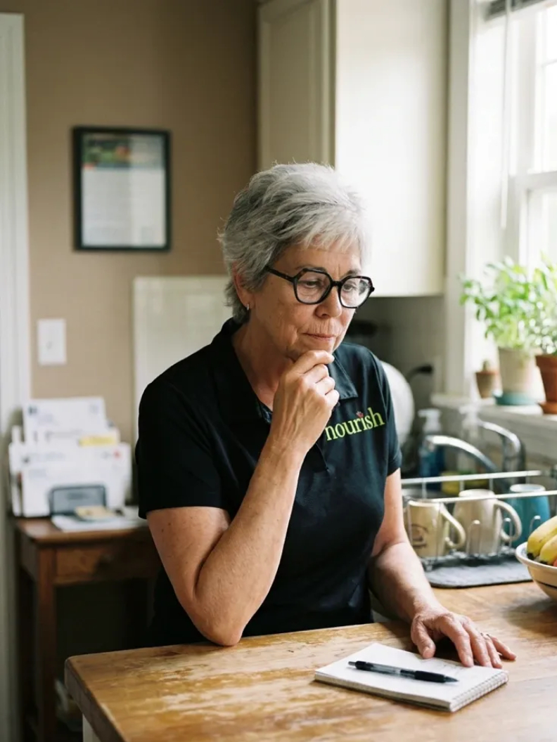 Coach Deb, an older woman with short gray hair and round glasses stands at a kitchen counter, looking thoughtfully at a notepad with a pen. She wears a black polo shirt with the word &ldquo;nourish&rdquo; on it, and daylight comes in through a nearby window beside potted plants, mugs, and a fruit bowl.
