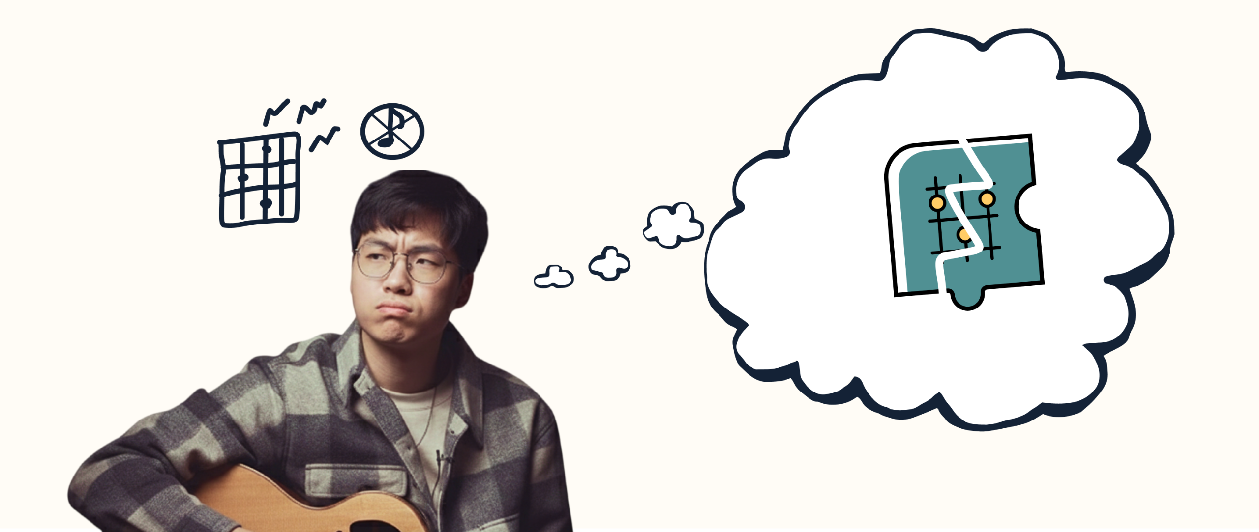 Illustration of a guitarist thinking about chords