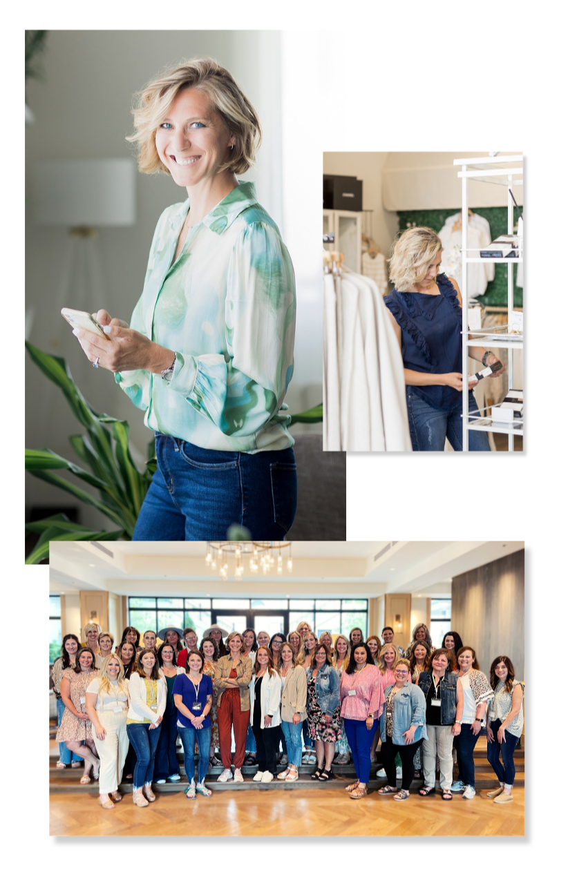 3 stacked images: Ciara Stockeland in green checking her phone, woman merchandising store, and a large professional group portrait.