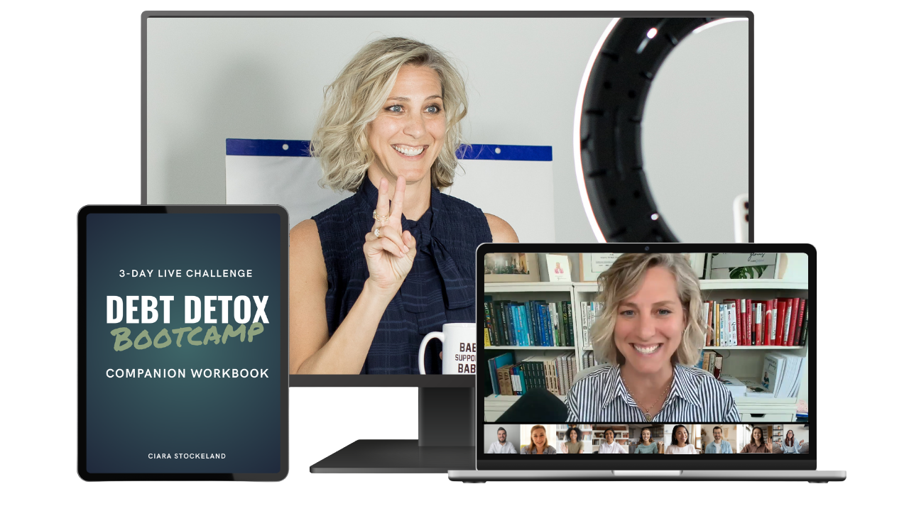 Digital mockups of a monitor and laptop promoting the Debt Detox Bootcamp virtual challenge.