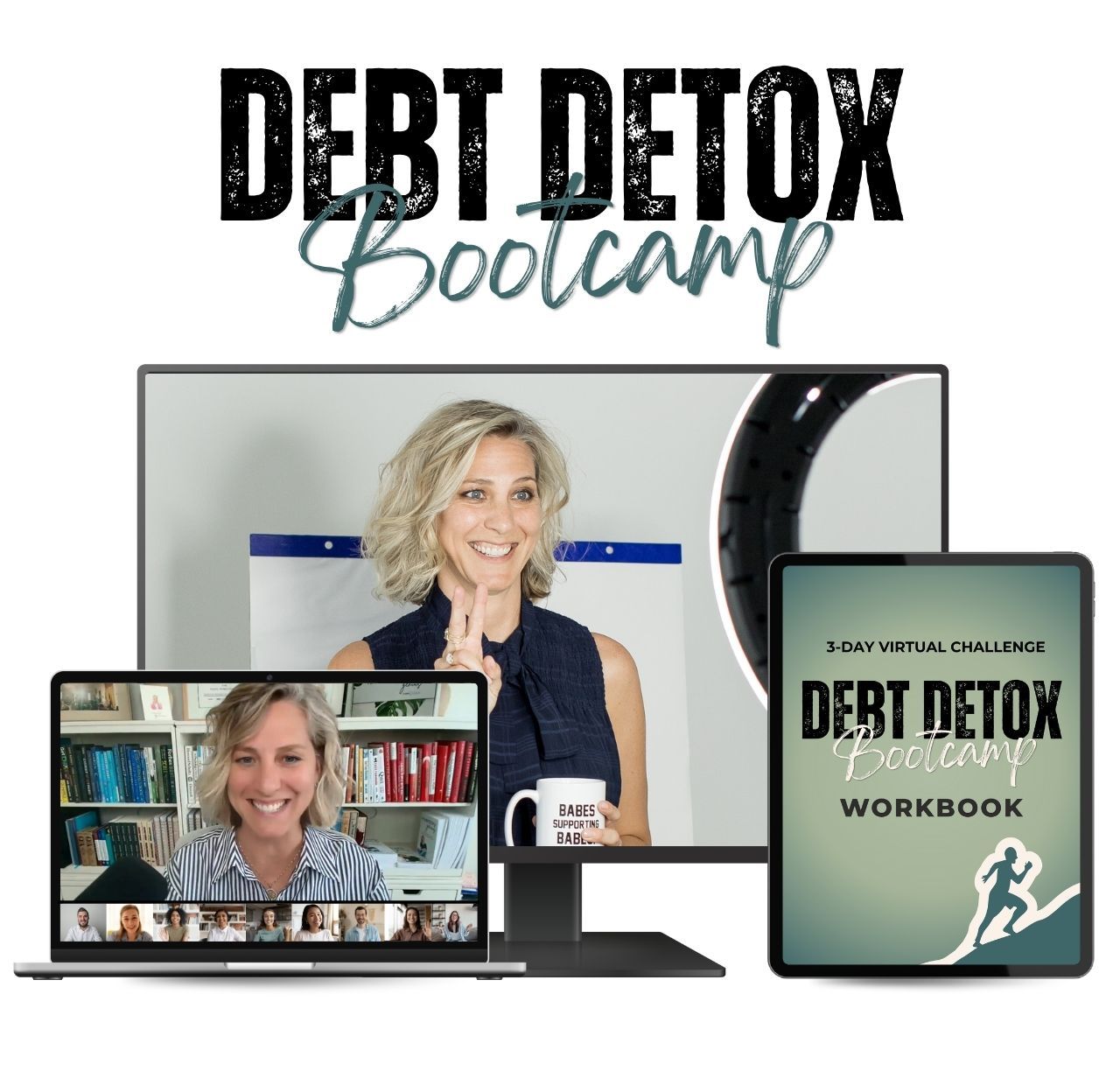 Digital mockups of a monitor, laptop, and tablet promoting the Debt Detox Bootcamp virtual challenge and workbook.