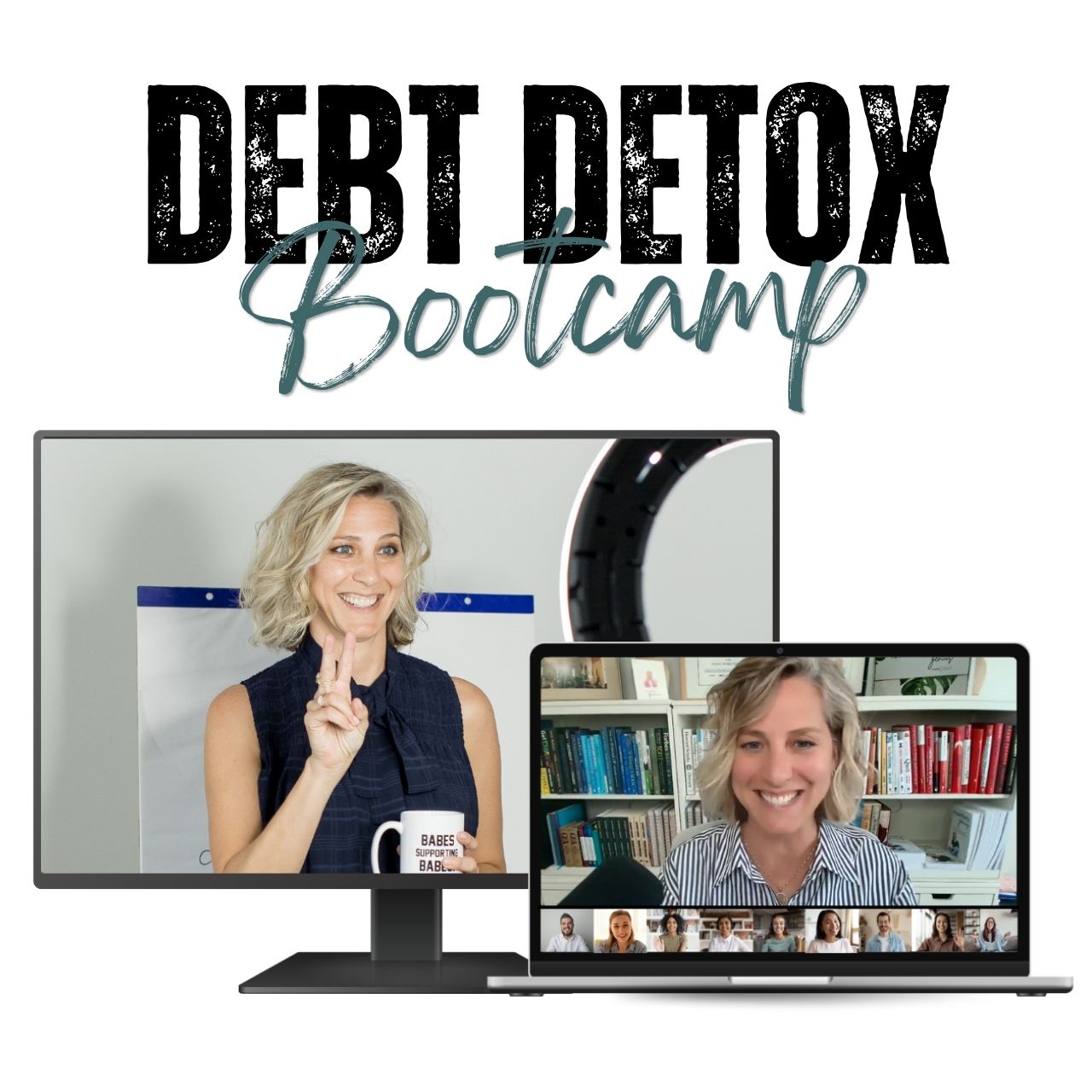Digital mockups of a monitor and laptop promoting the Debt Detox Bootcamp virtual challenge.
