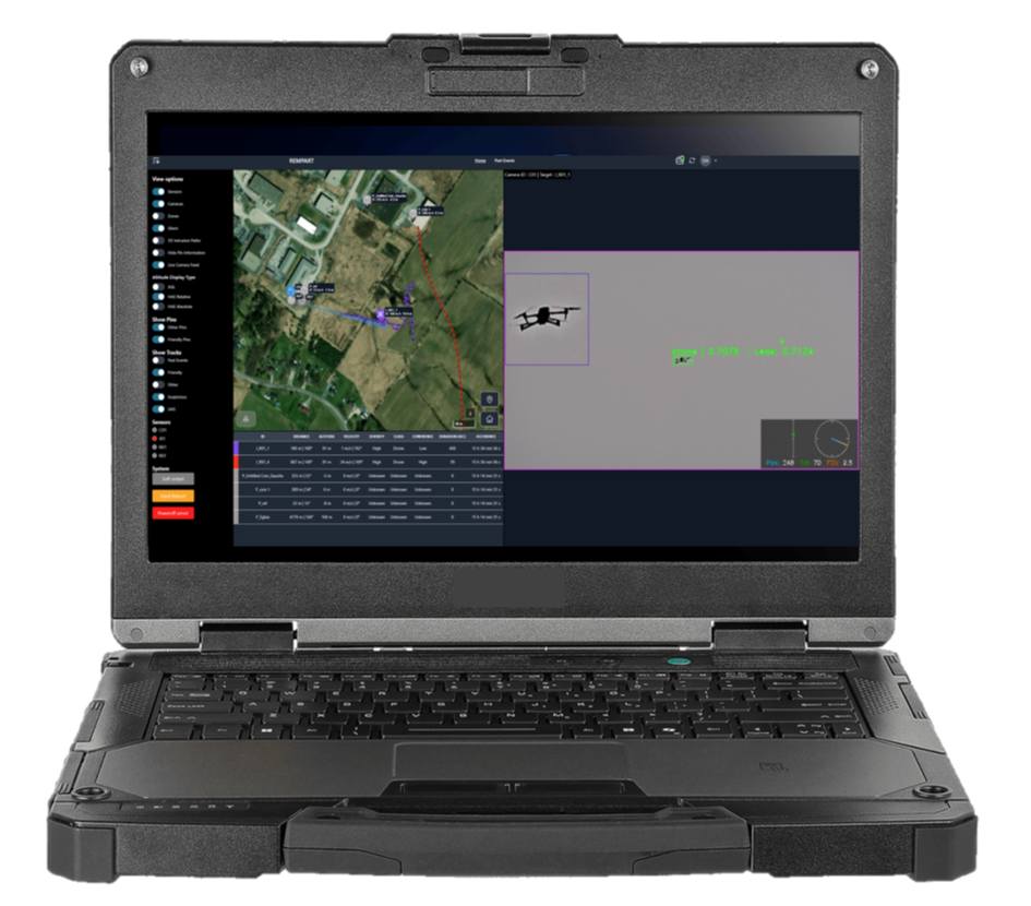 Ordinateur affichant une interface utilisateur C2 de lutte antidrones