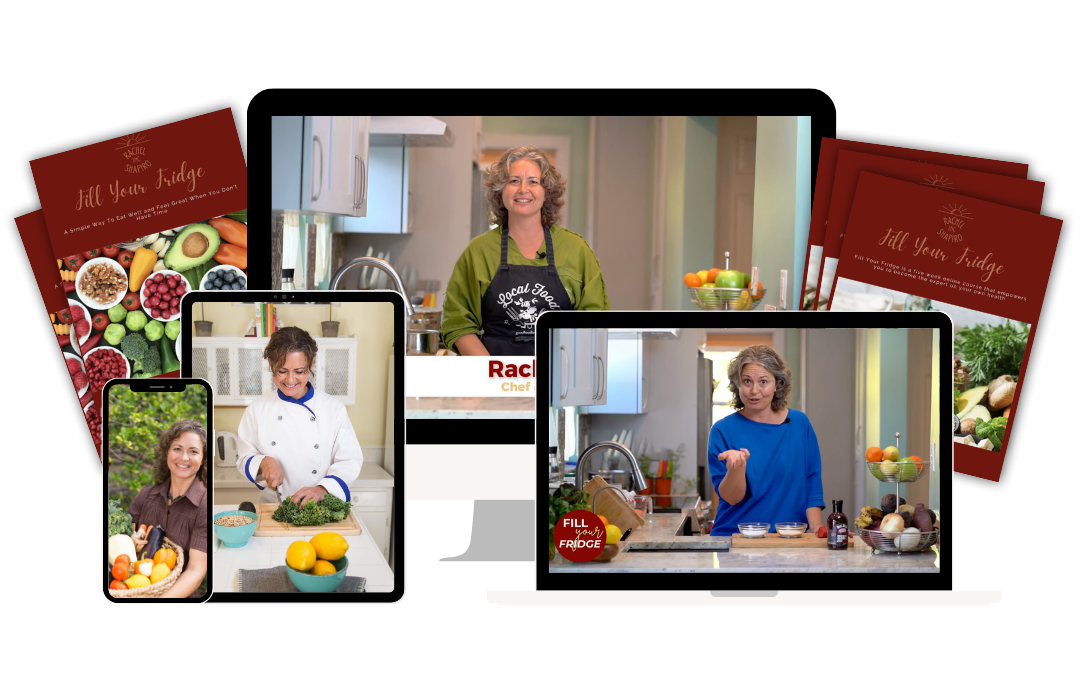 Meal planning course shown on desktop, tablet, and phone with images of a chef, recipes, and printable materials.